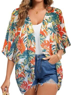 Tropical Leaf Kimono/swim cover up— Orange, Teal & Yellow Size S/M